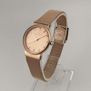 Skagen Women Rose Gold Tone Watch, Jewel Hour Markers, Adjustable Mesh Strap