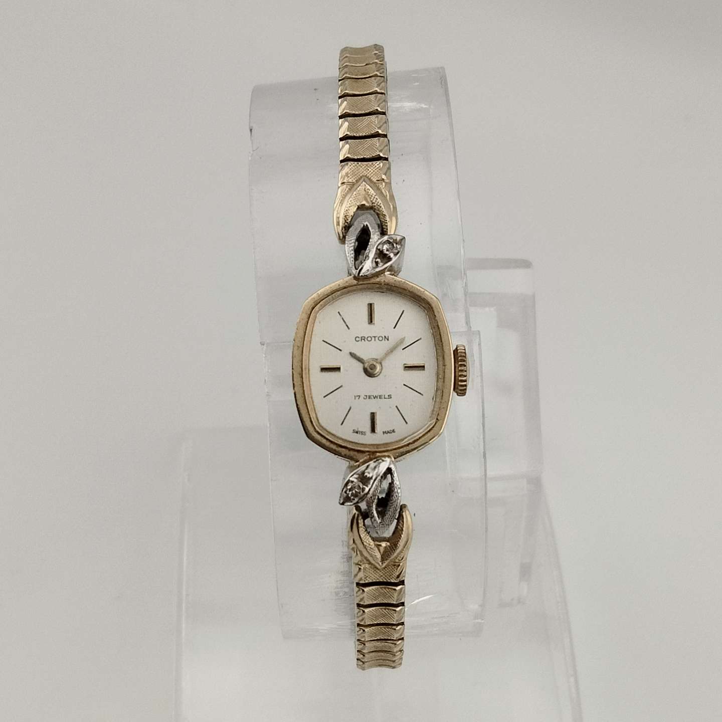 Croton Petite Watch, Gold Tone, Oval Dial, Bezel Leaf Detail, Stretch Strap