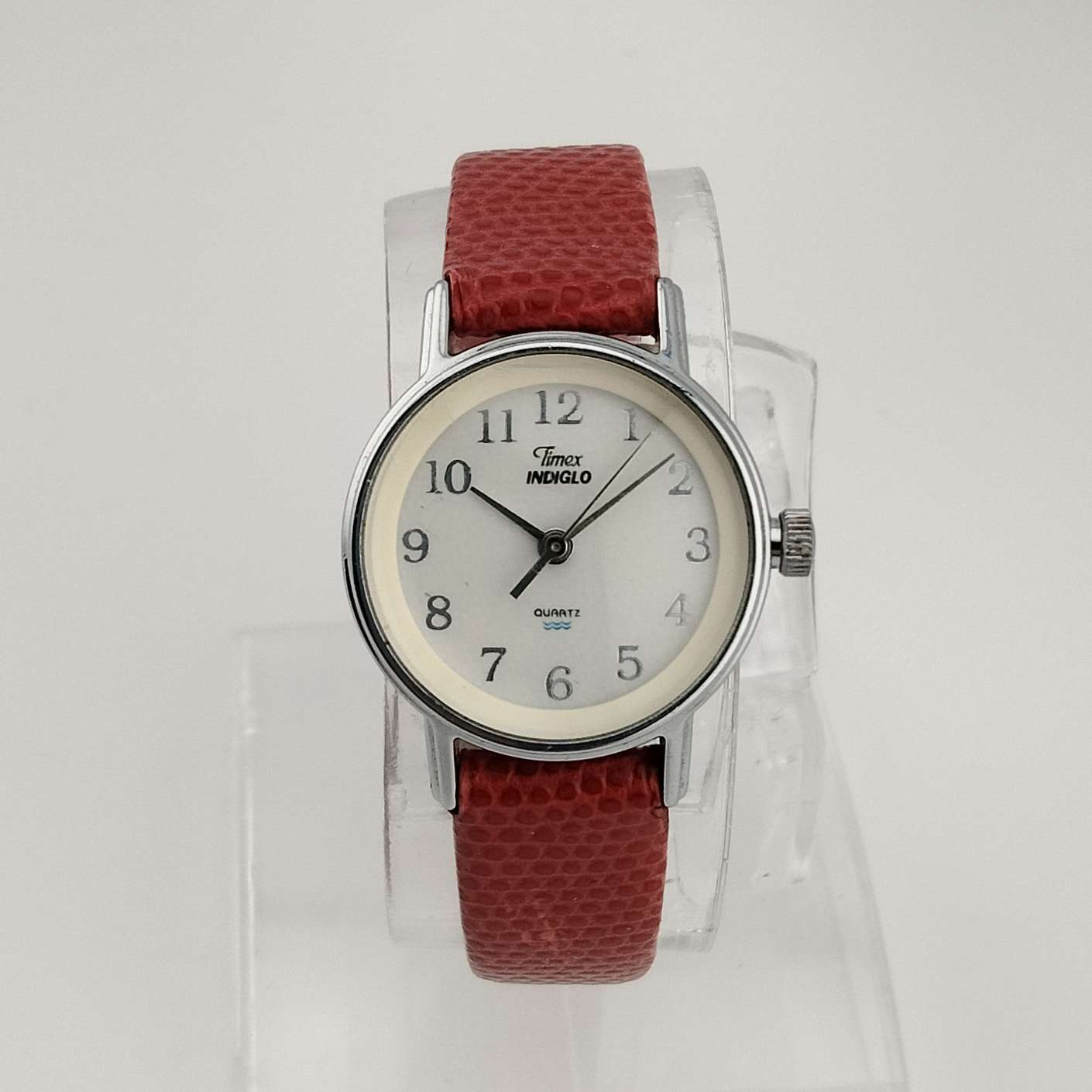 Timex Indiglo Silver Tone Watch, Circular Dial, Red Genuine Leather Strap
