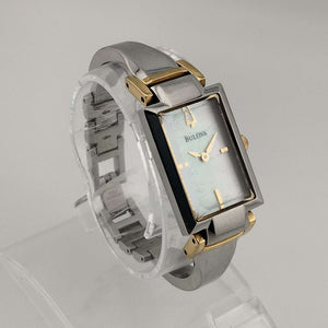 Bulova Silver Tone Woman's Watch, Gold Tone Accents, Rectangular Mother of Pearl Dial, Mixed Metals