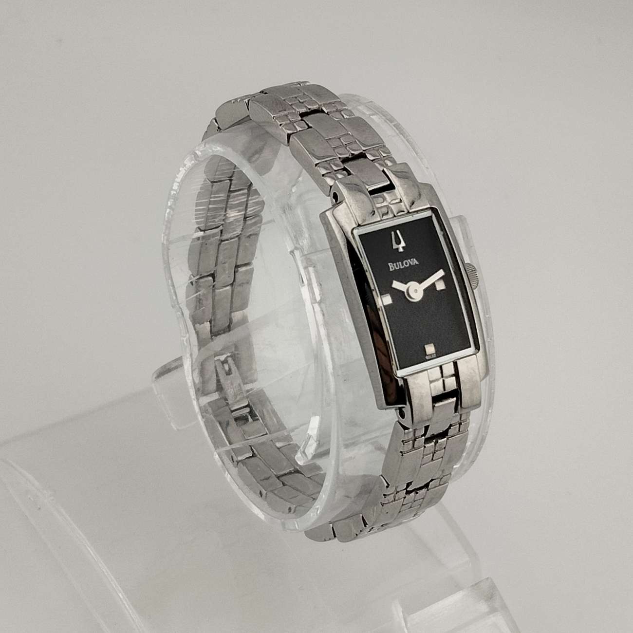 Bulova Women's Watch, Silver Tone, Black Rectangular Dial, Bracelet Strap