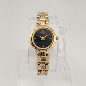Citizen Women's Petite Gold Tone Watch, Round Black Dial, Link Strap