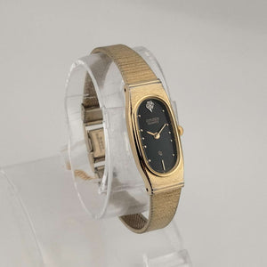 Citizen Petite Quartz, Gold Tone Watch, Elongated Black Oval Dial, Jewel Detail, Bracelet Strap