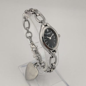 Citizen "Eco Drive" Silver Tone Watch, Black Oval Dial, Heart Charm, Link Strap