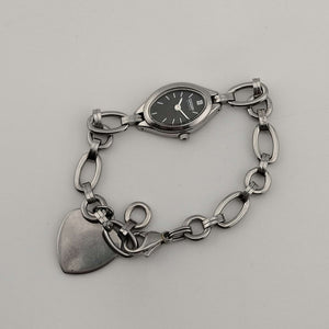 Citizen "Eco Drive" Silver Tone Watch, Black Oval Dial, Heart Charm, Link Strap