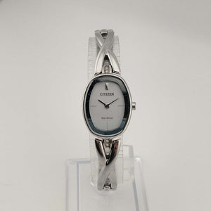 Citizen "Eco Drive" Silver Tone Watch, White Oval Dial, Link Strap