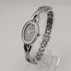 Citizen "Eco Drive" Silver Tone Watch, White Oval Dial, Link Strap