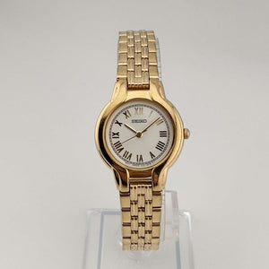 Seiko Round Gold Tone Watch, White Circular Dial, Roman Numerals, Bracelet Strap