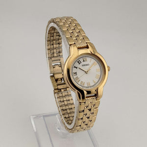 Seiko Round Gold Tone Watch, White Circular Dial, Roman Numerals, Bracelet Strap