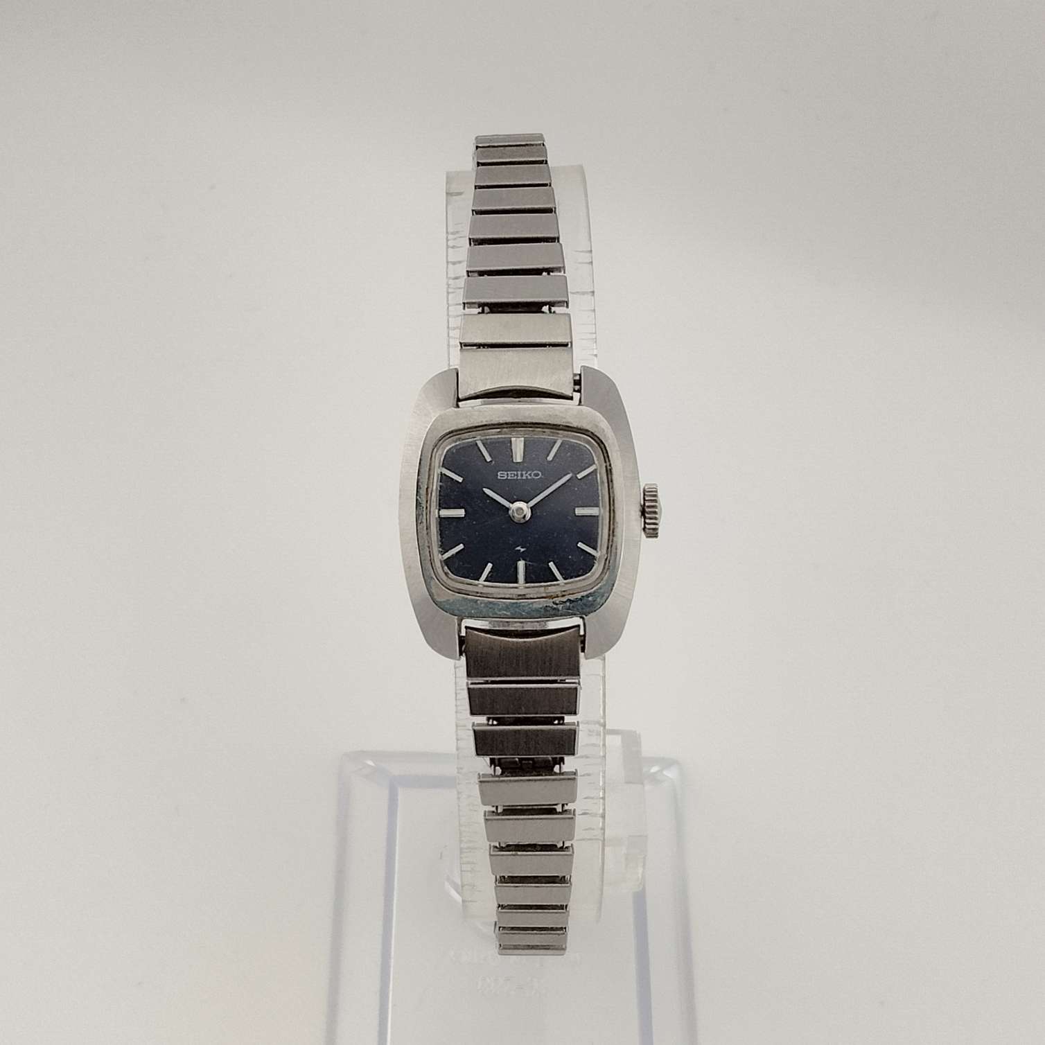 Seiko Silver Tone Watch, Square Blue Dial, Stretch Bracelet Strap