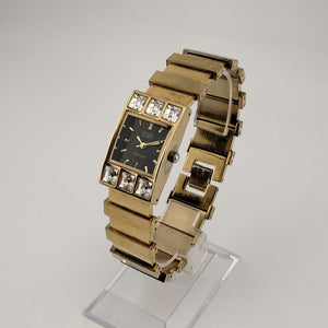 Citizen Unisex Gold Tone Watch, Black Rectangular Dial, Jewel Bezel Detail, Bracelet Strap