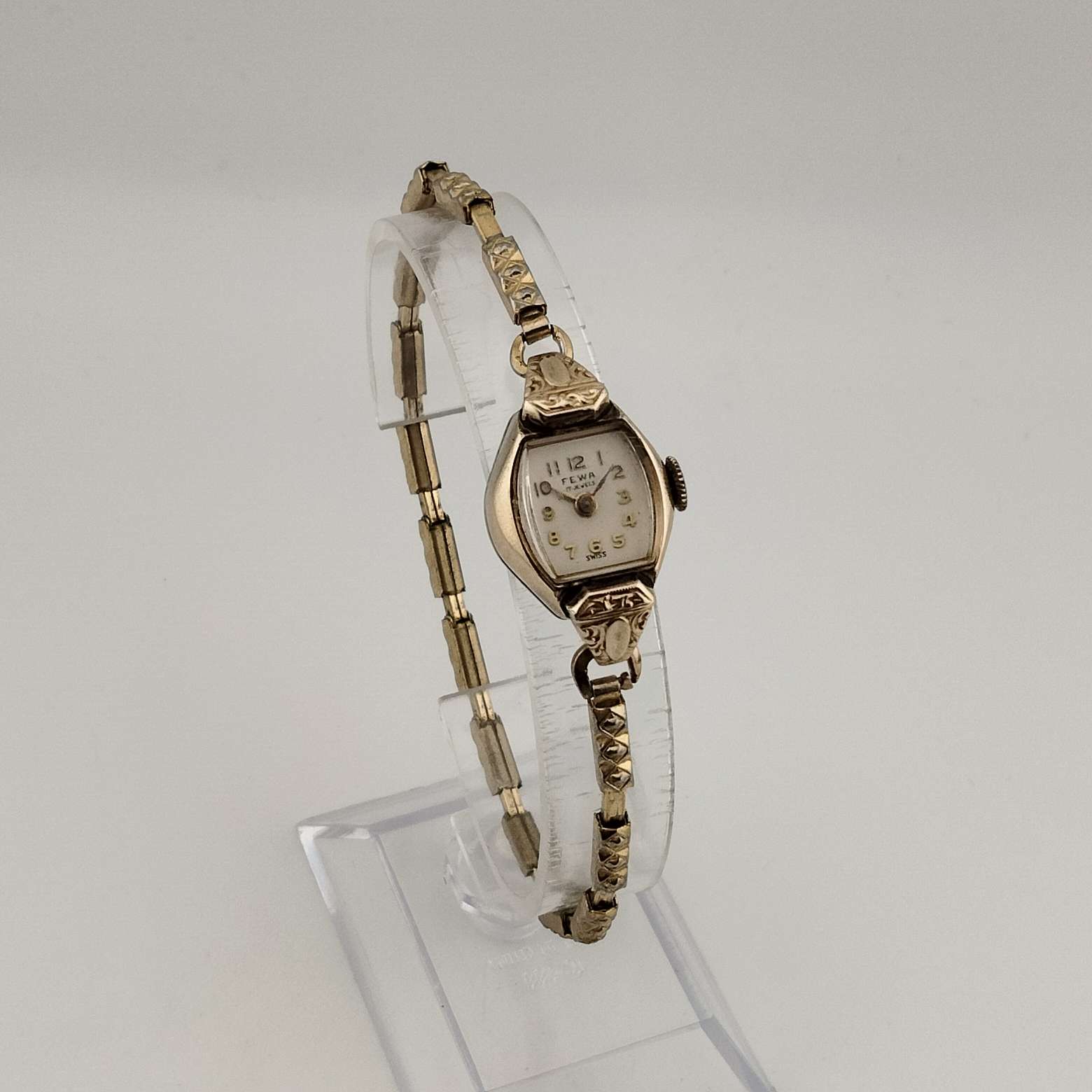 Fewa Petite Gold Tone Watch, Unique Square Dial with Rounded Sides, Stretch Strap