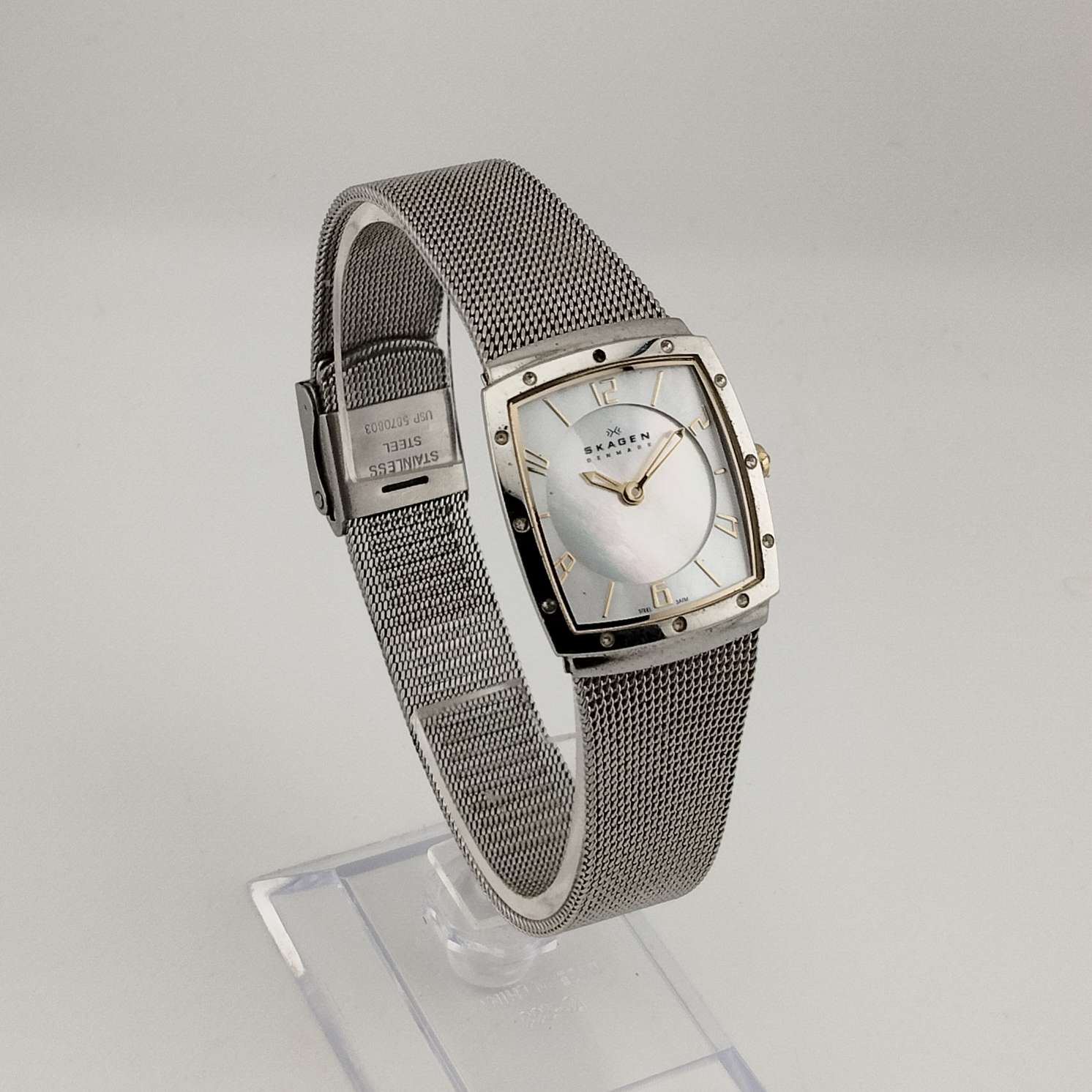 Skagen Women's Silver Tone Watch, Rectangular Mother of Pearl Dial, Adjustable Mesh Strap