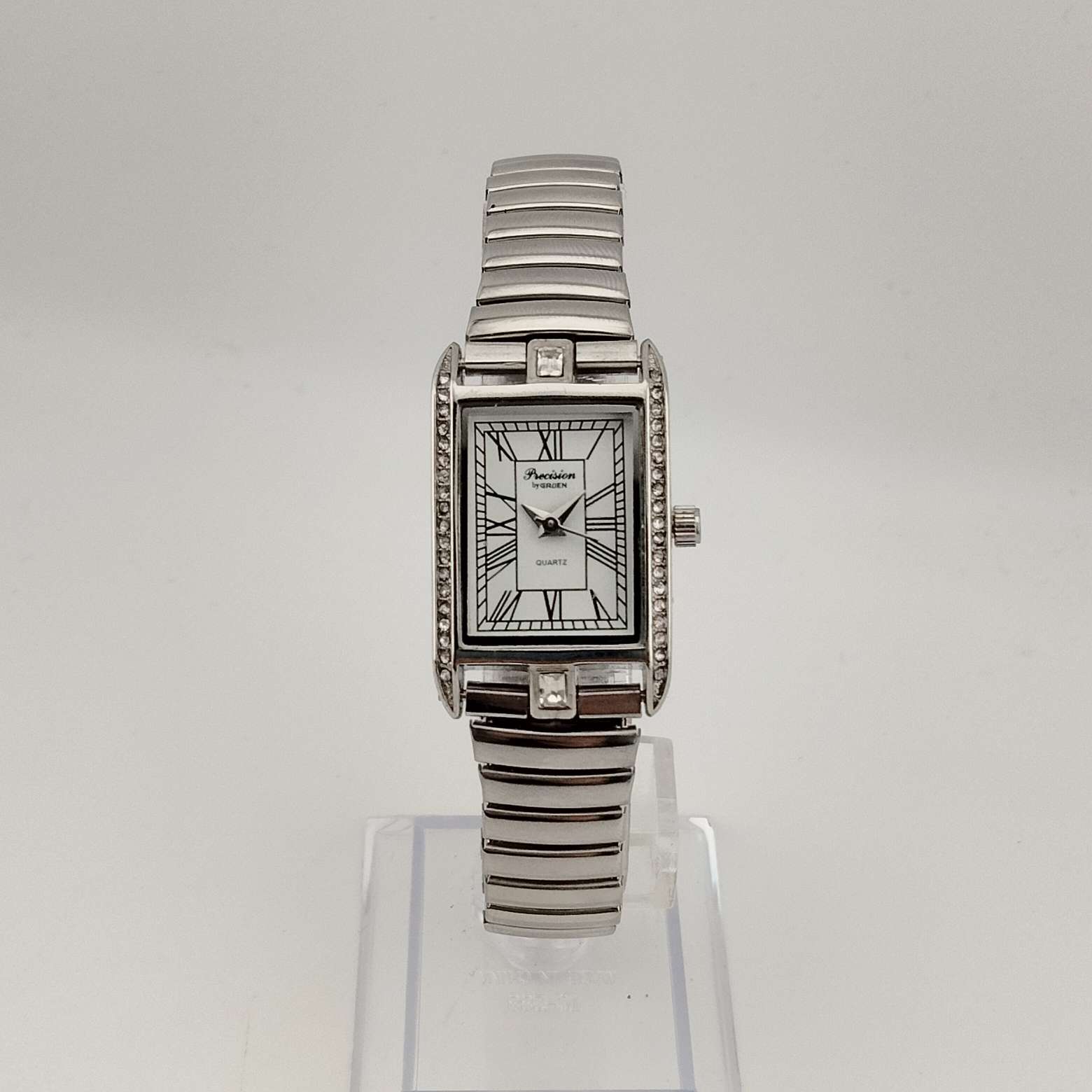 Precision Women's Silver Tone Quartz Watch, White Rectangular Dial, Jewel Detail, Stretch Strap