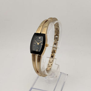 Armitron Women's Silver Gold Watch, Black Rectangular Dial with Rounded Sides, Jewel Detail, Bracelet Strap