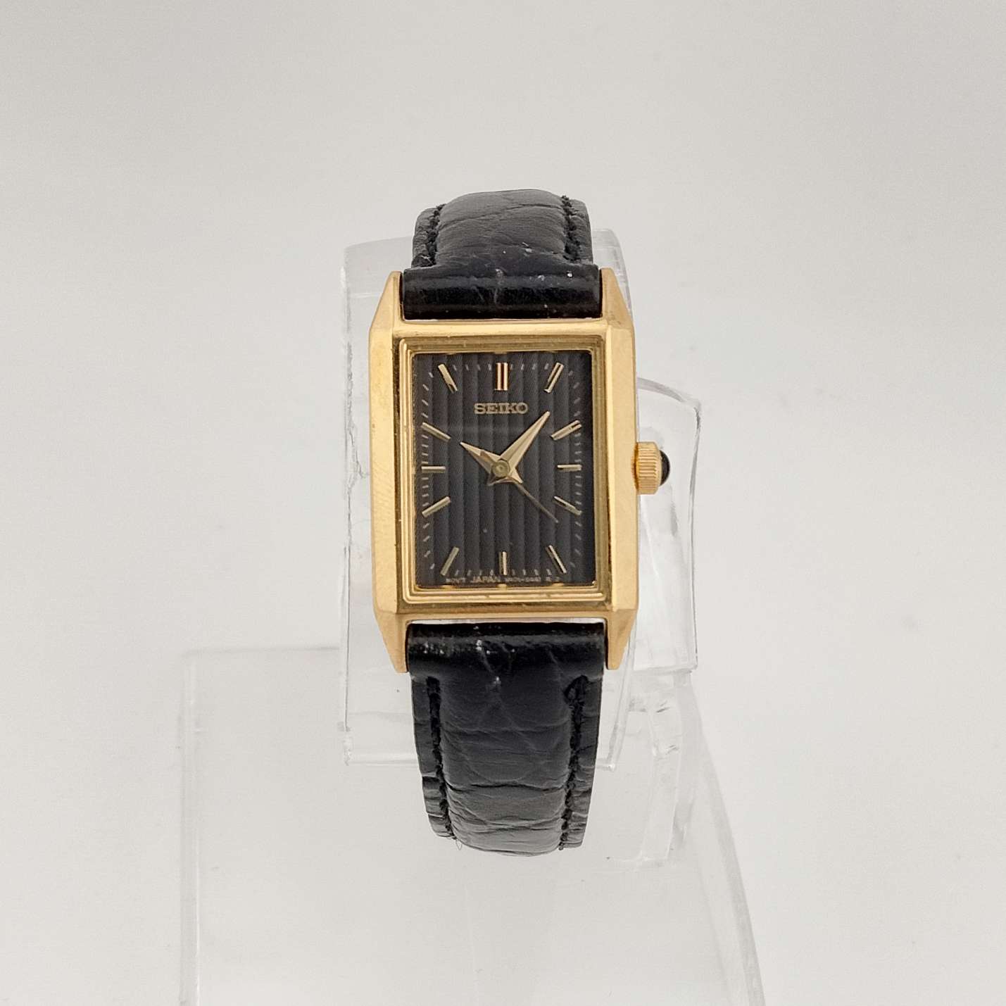 Seiko Unisex Gold Tone Watch, Black Rectangle Dial, Black Calf Strap