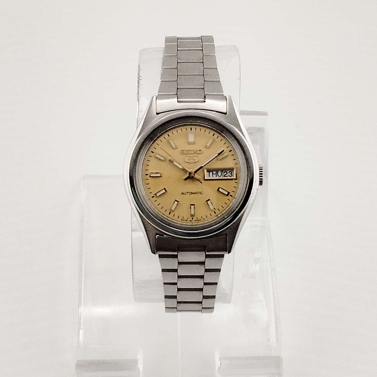 Seiko Quartz Petite Watch, Silver Tone, Gold Tone Dial, Bracelet Strap