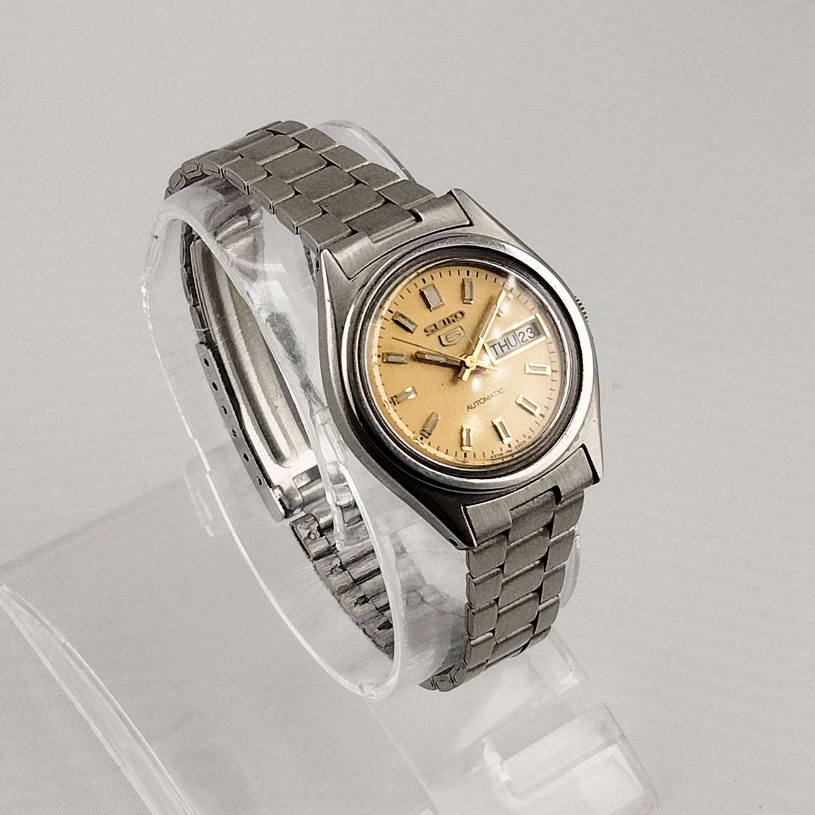 Seiko Quartz Petite Watch, Silver Tone, Gold Tone Dial, Bracelet Strap
