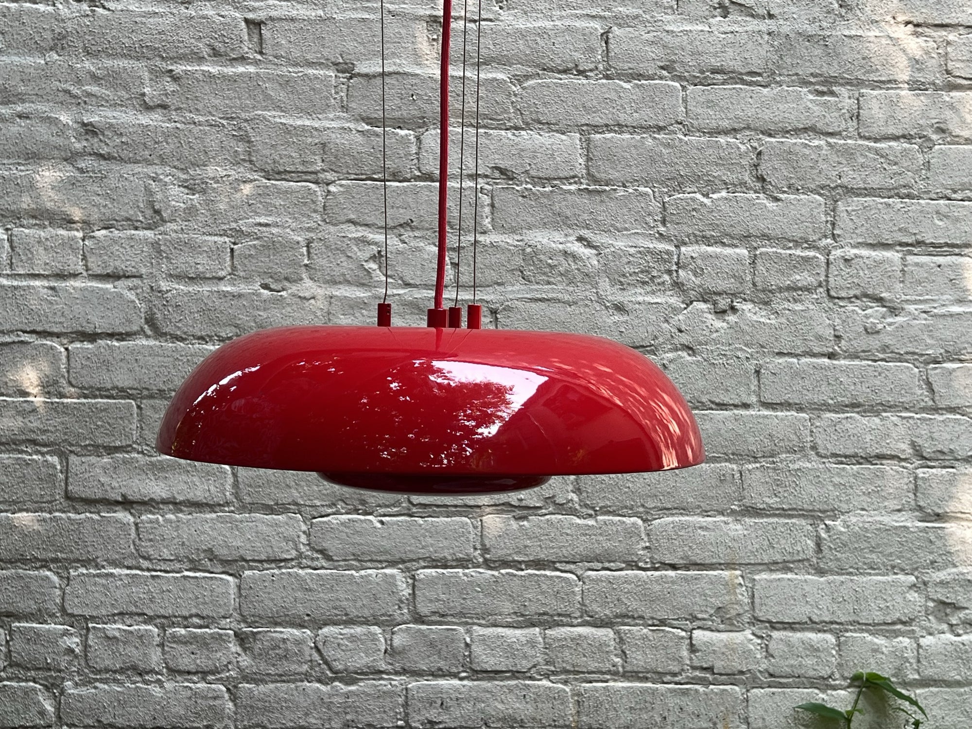 I Like Mikes Mid Century Modern Hanging Lamp Sleek Red UFO Flying Saucer Metal Pendant Lamp