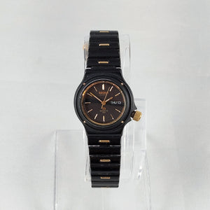 Seiko Quartz Sports Watch, Black Dial and Strap, Gold Tone Details