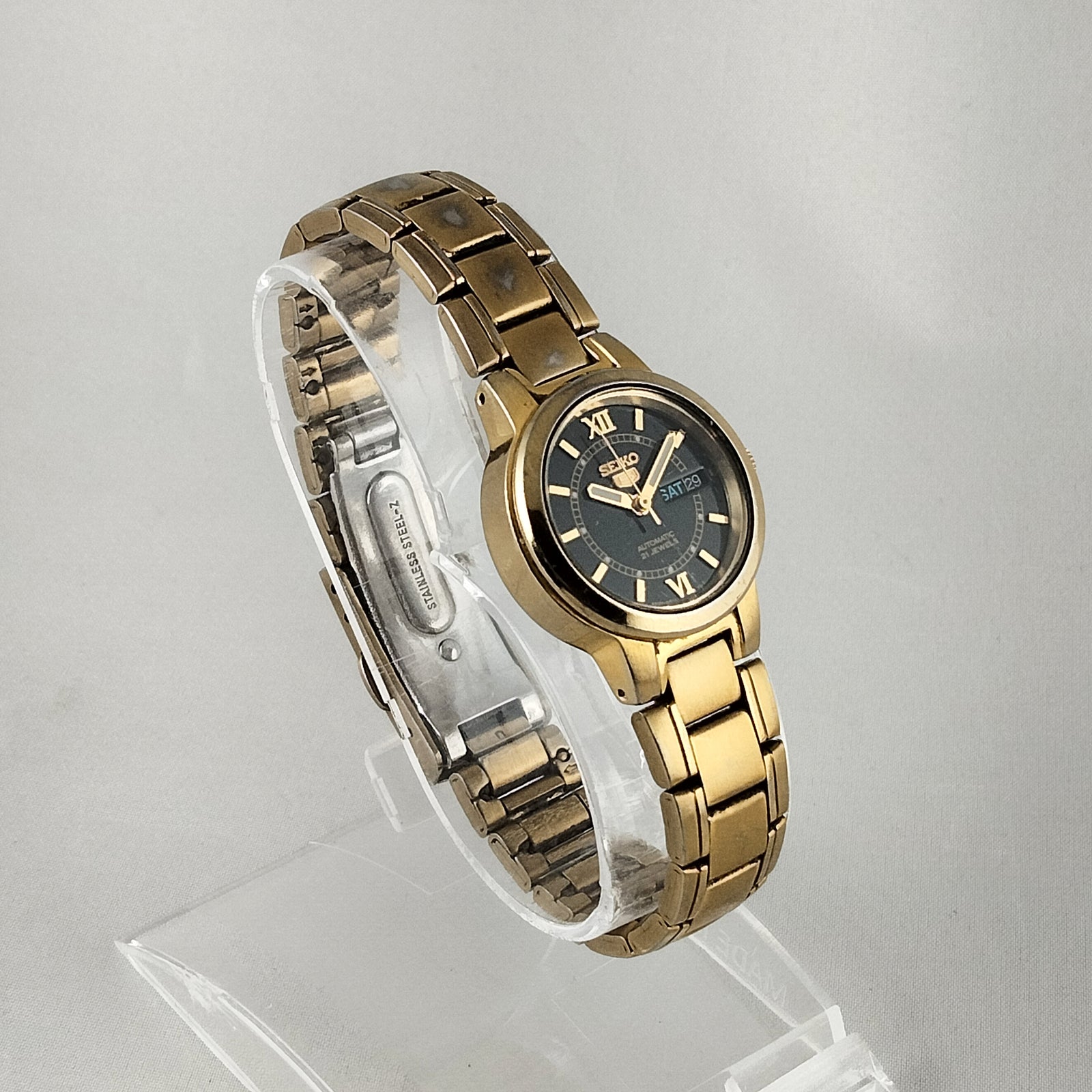 Seiko Women's Watch, Automatic, Black Dial Gold Tone Details