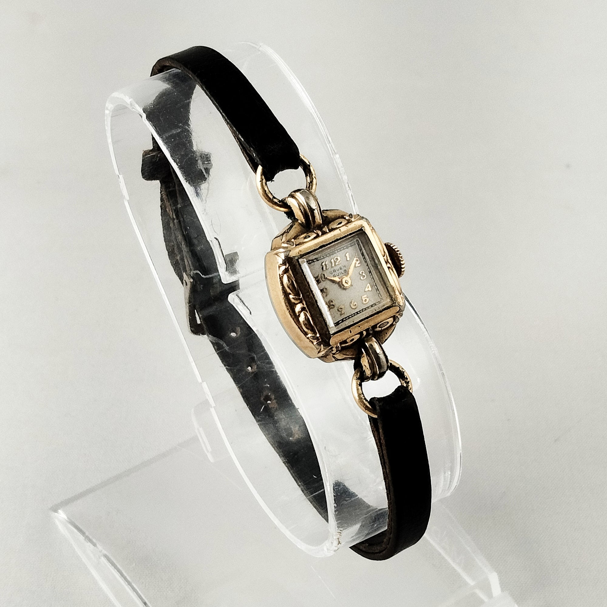 Gruen Women's Watch, Art Deco Style, Black Leather Strap