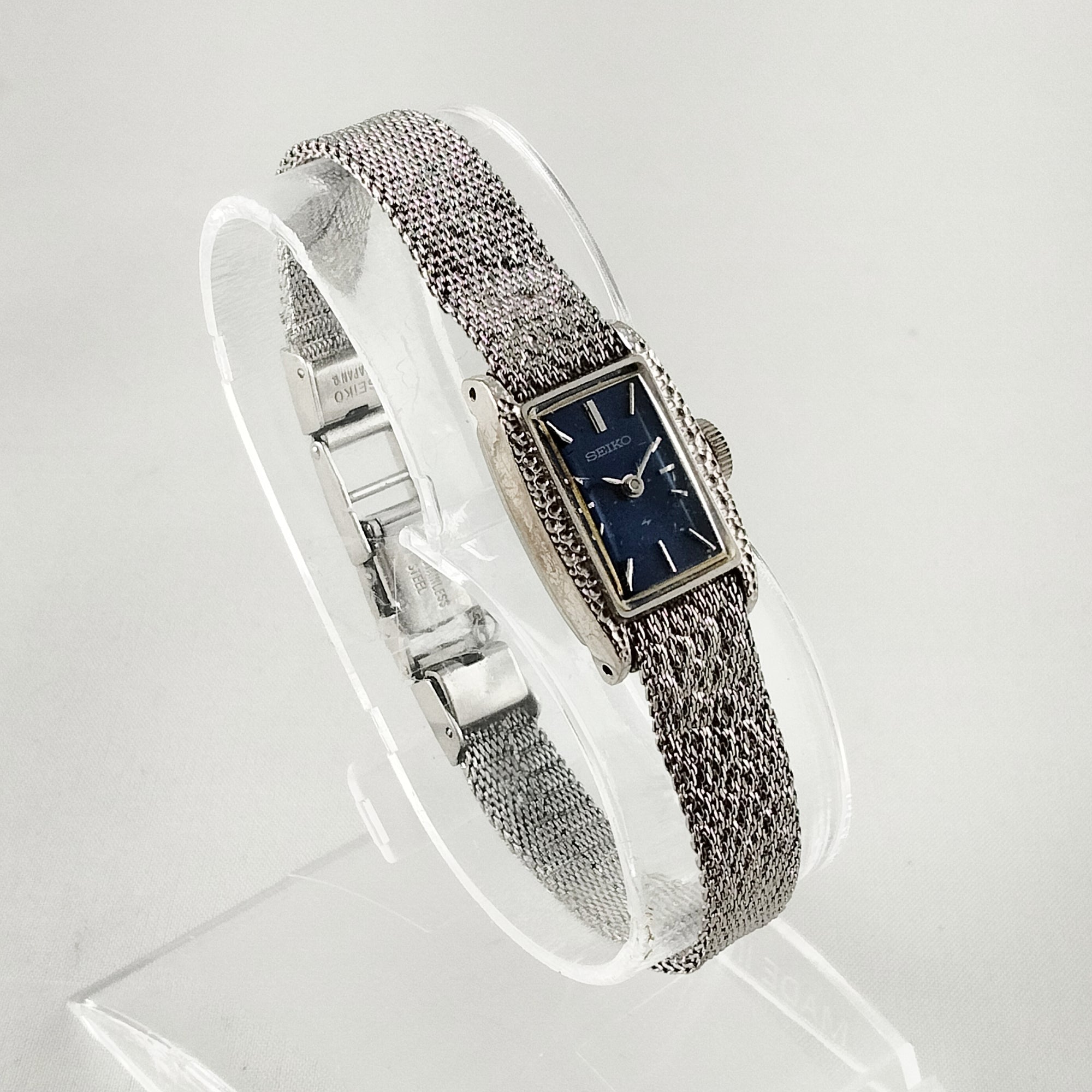 Seiko Women's Petite Silver Tone Watch, Navy Dial, Textured Mesh Strap