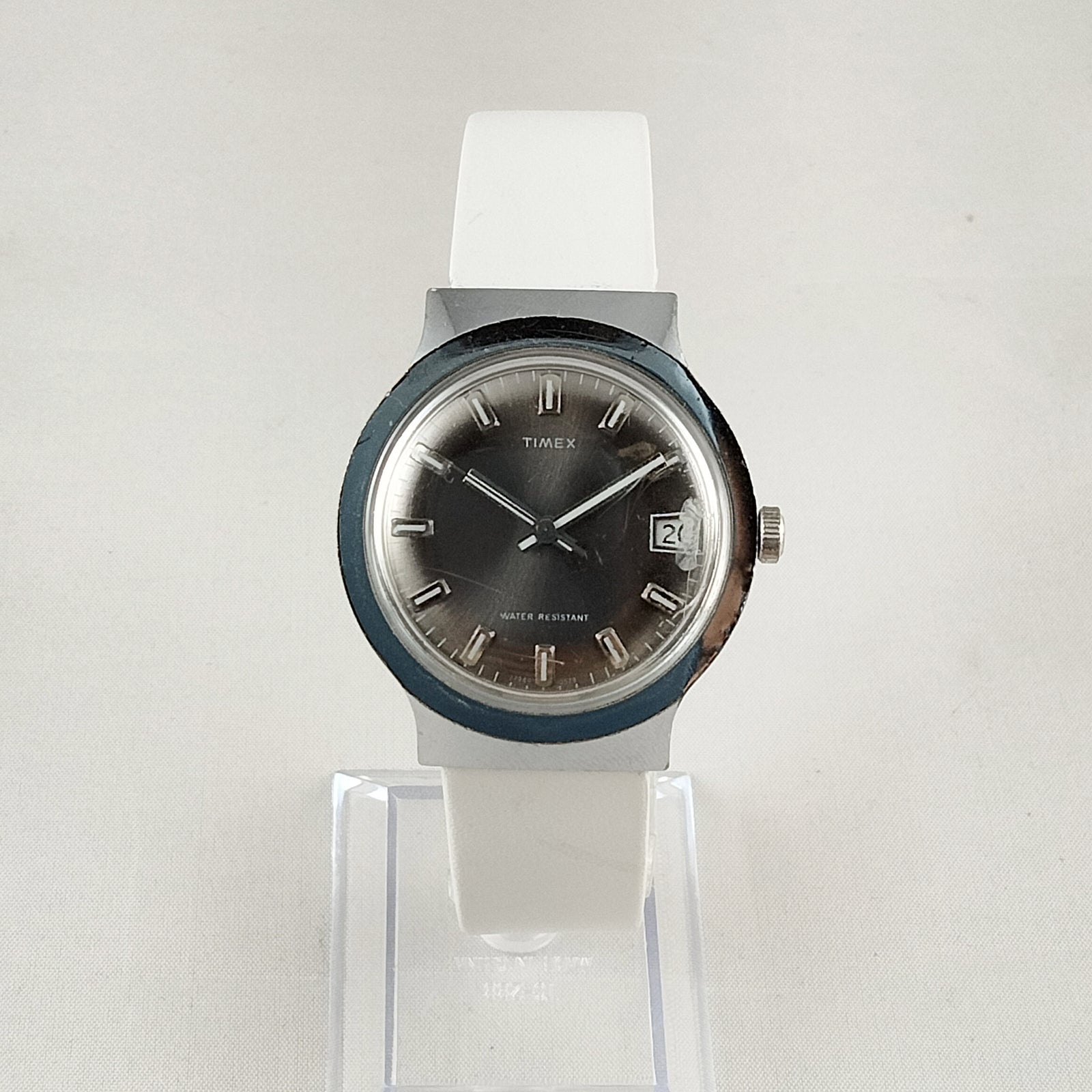 Timex Unisex Watch, Large Dark Metal Dial, White Leather Strap