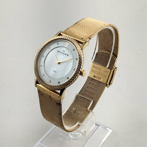 Skagen Oversized Gold Tone Watch, White Mother of Pearl Dial, Mesh Strap