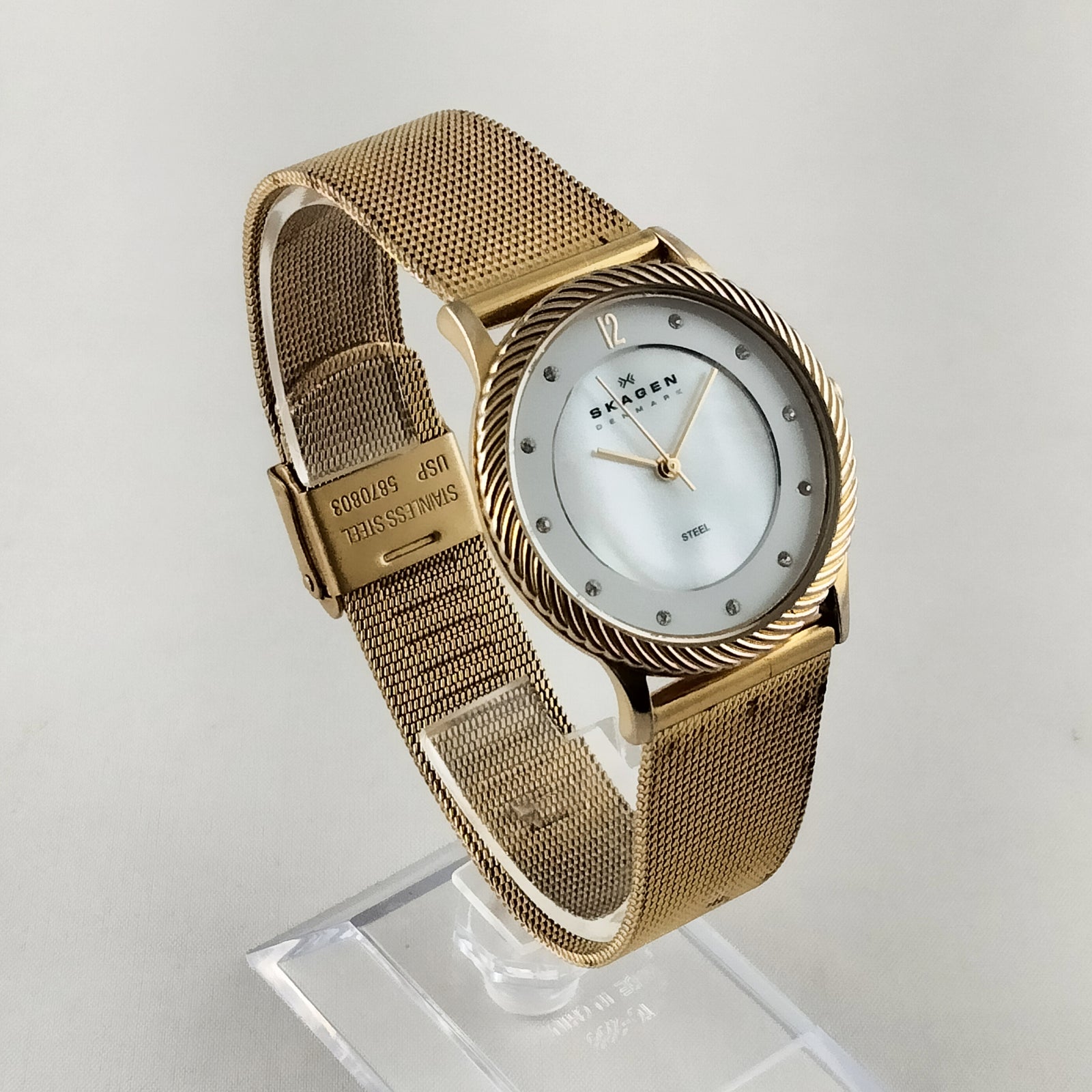 Skagen Oversized Gold Tone Watch, White Mother of Pearl Dial, Mesh Strap