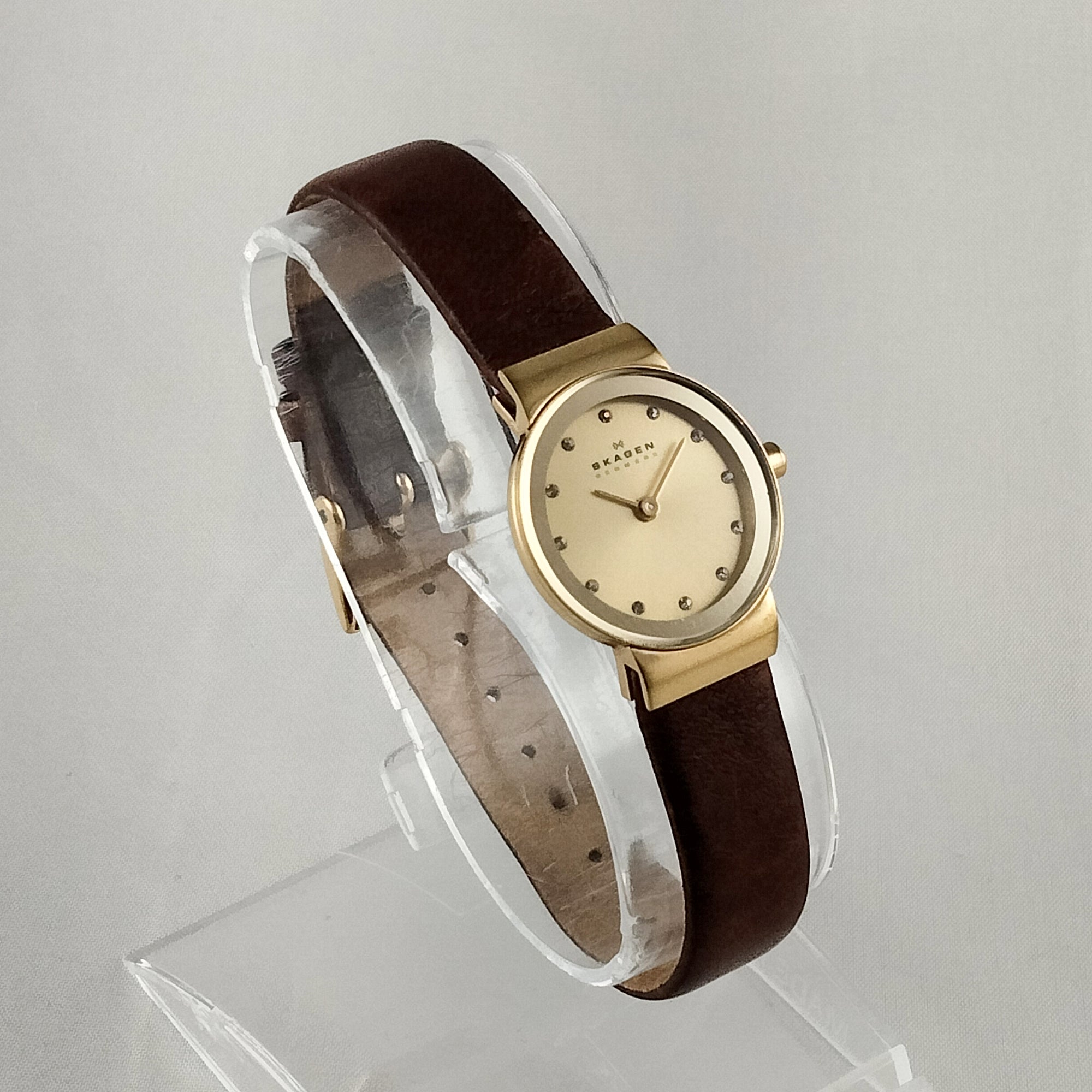 Skagen Petite Watch, Jewel Details, Brown Genuine Leather Strap