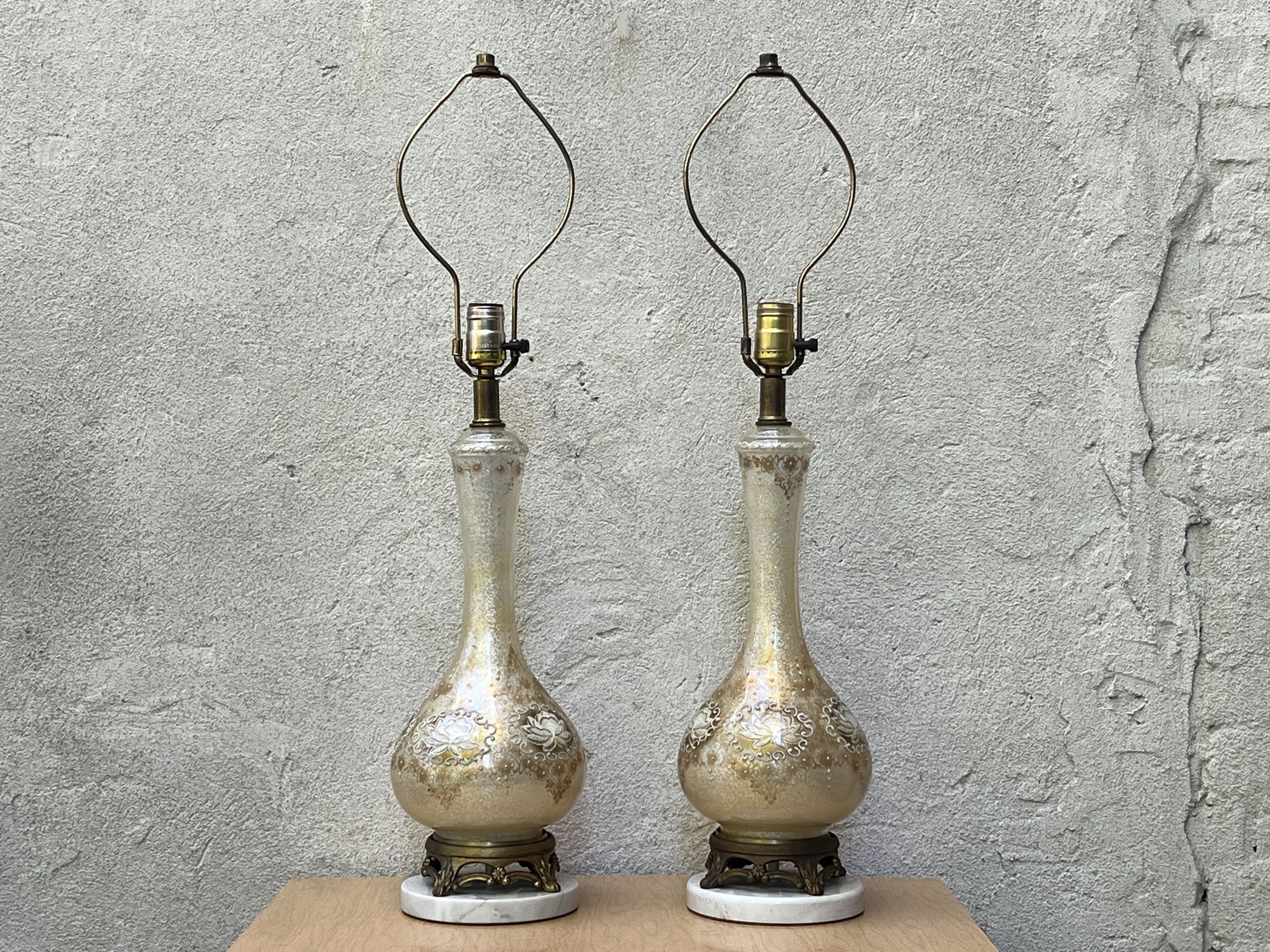 Pair Mid Century Table Lamps, White Gold Venetian Style Regency with Marble Bases