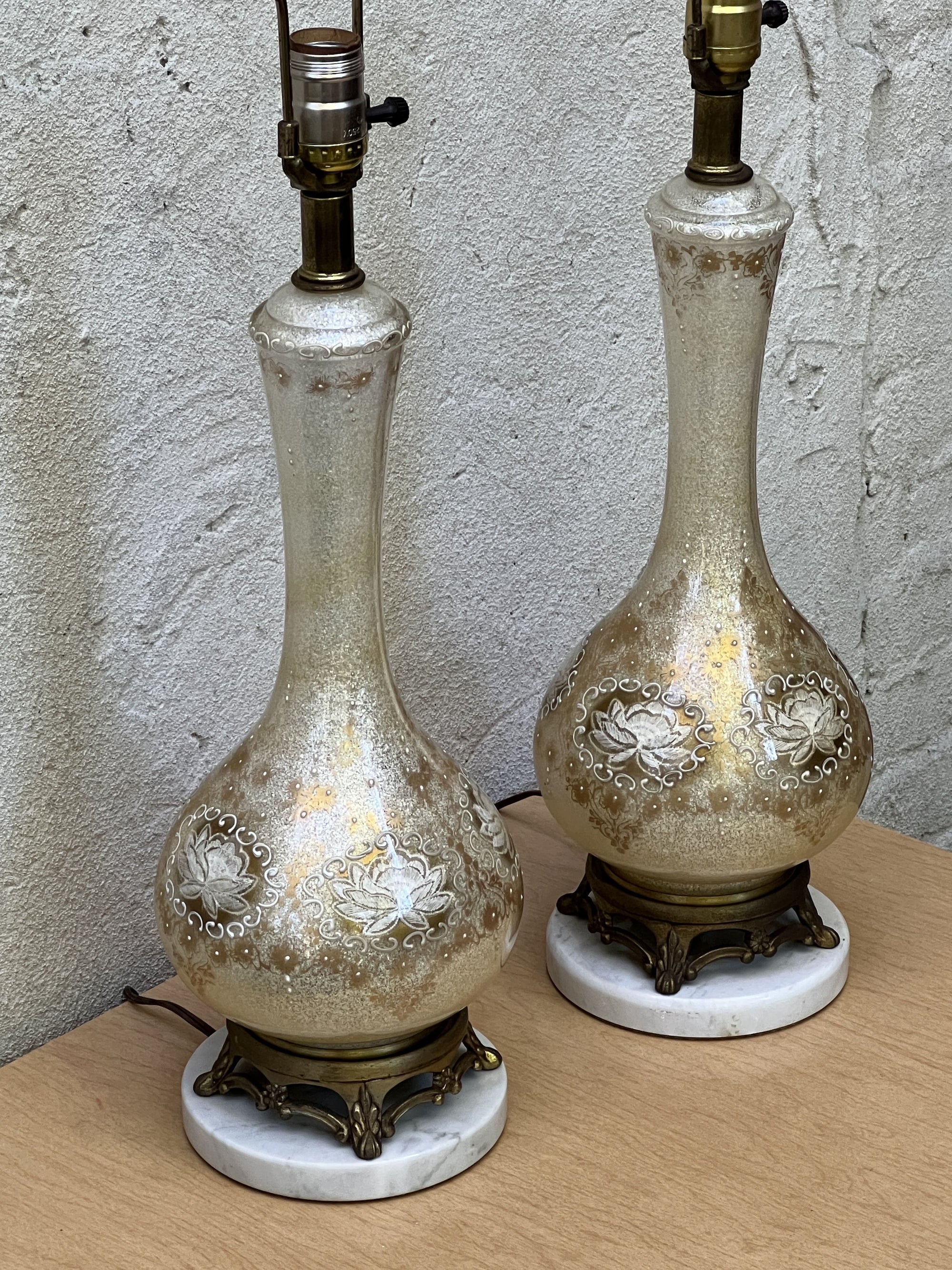 Pair Mid Century Table Lamps, White Gold Venetian Style Regency with Marble Bases