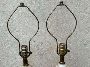 Pair Mid Century Table Lamps, White Gold Venetian Style Regency with Marble Bases