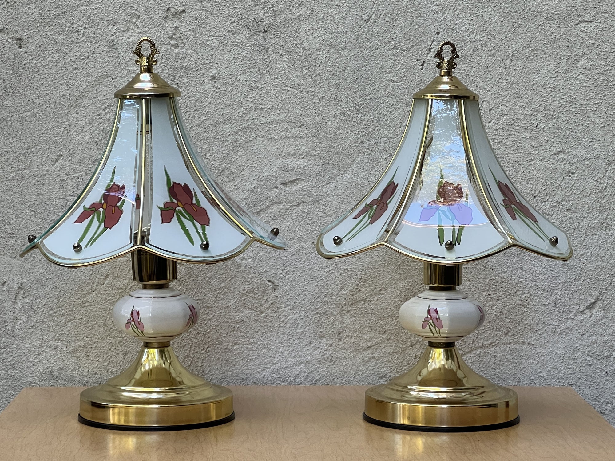 Pair Small Glass & Brass Boudoir Lamps with Purple Iris Design, 1980s