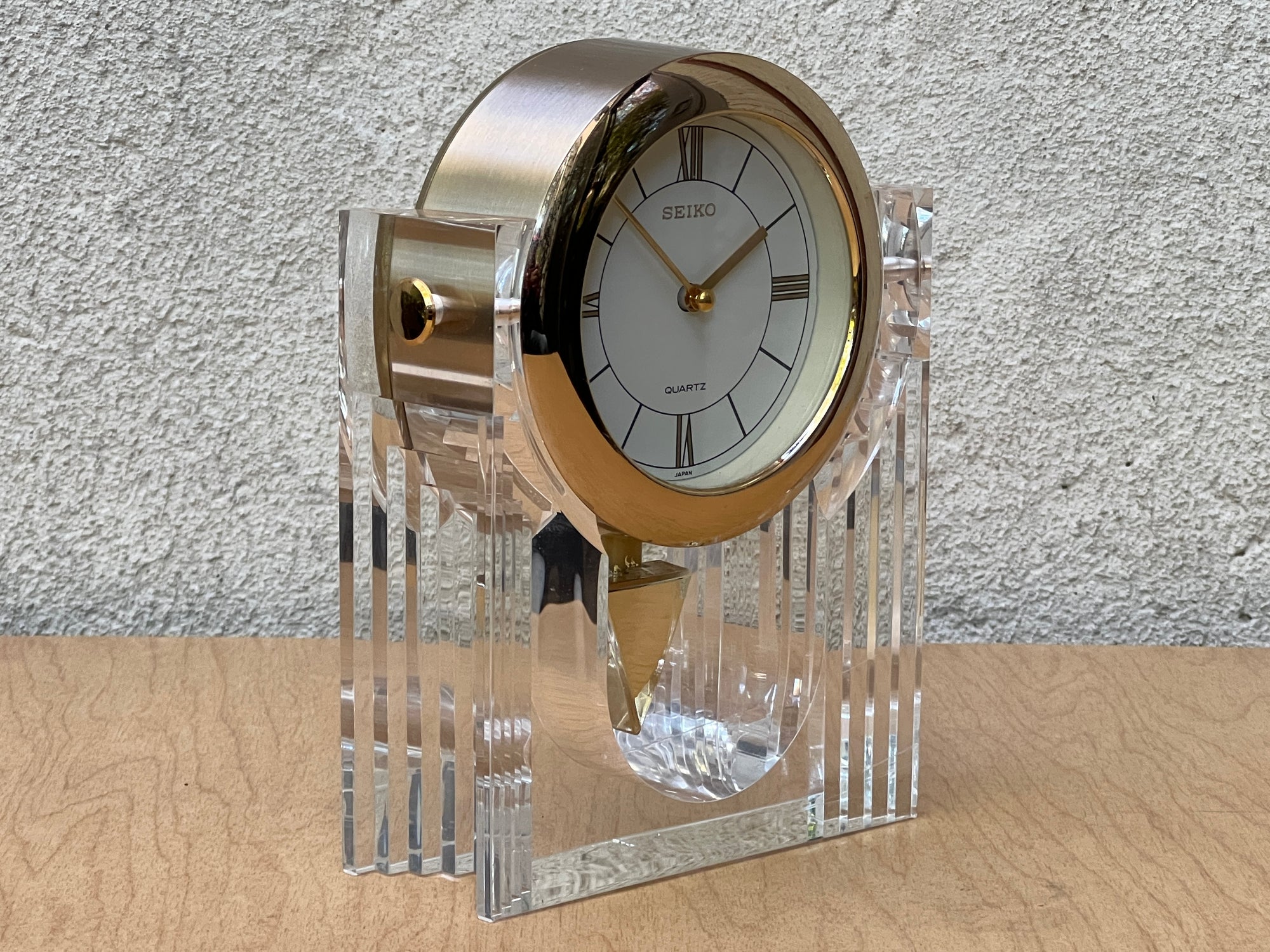 Seiko Neo Deco Lucite Brass Pendulum Table Clock, Memphis Design