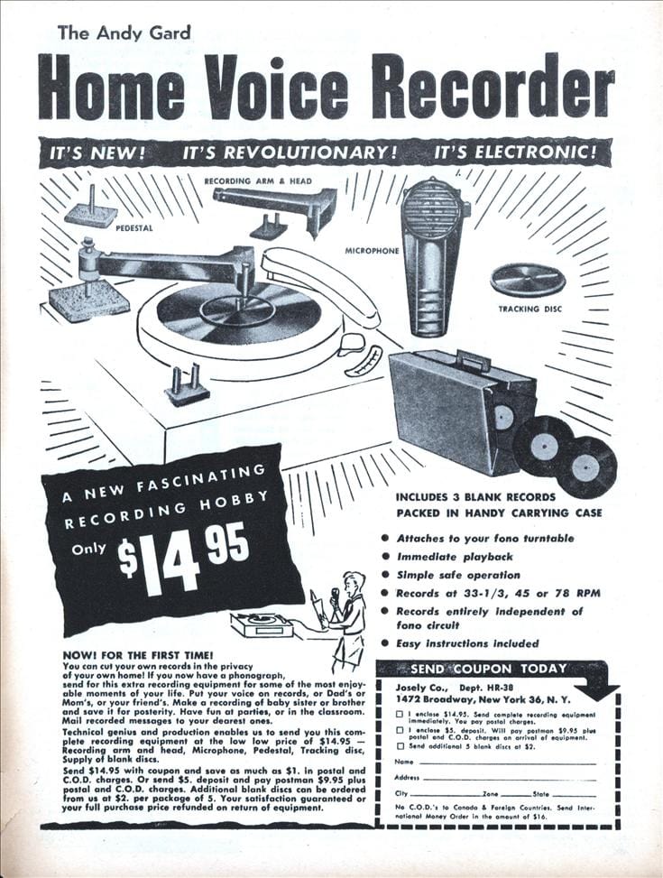 I Like Mike's Mid Century Modern Accessories Andy Gard Home Voice Recorder in Box with Blanks, New in Box, From 1958