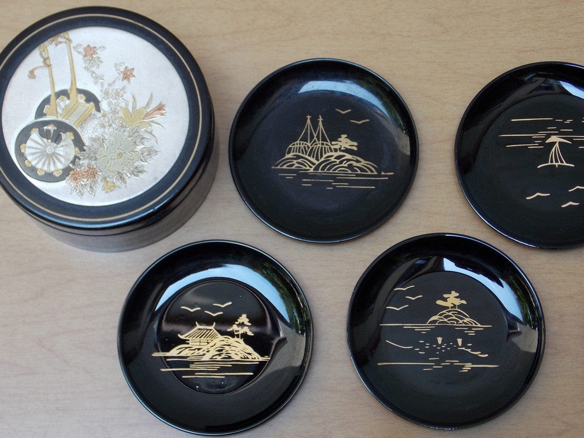 I Like Mike's Mid Century Modern Accessories Black Japanese Coasters in Gold & Silver Box, Set of 6