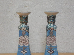 I Like Mike's Mid Century Modern Accessories Blue White Ornate Ceramic Candle Holders, Chinese Inspired, Square Bases