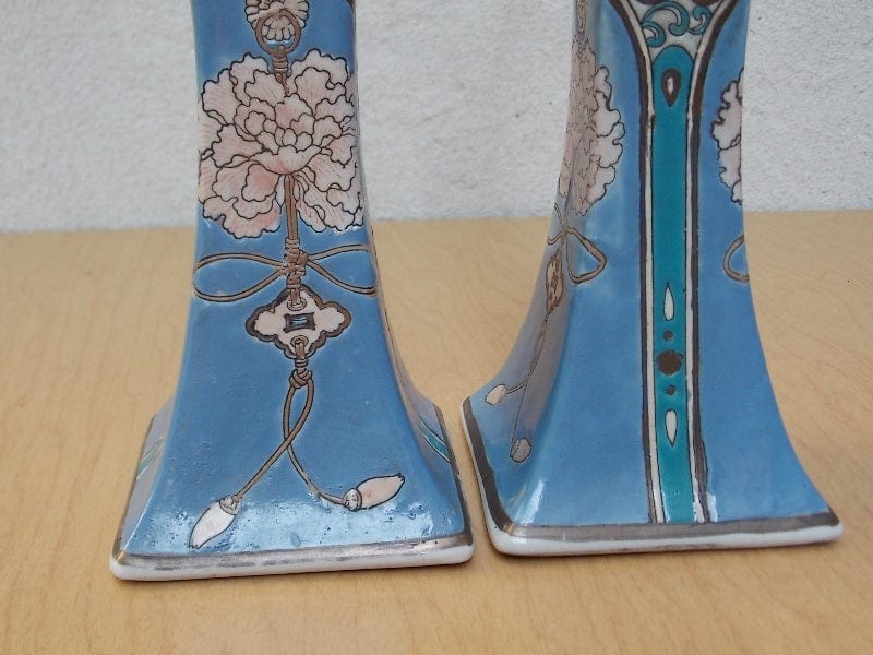 I Like Mike's Mid Century Modern Accessories Blue White Ornate Ceramic Candle Holders, Chinese Inspired, Square Bases