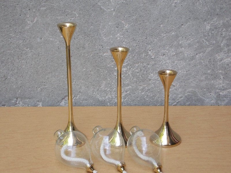 I Like Mike's Mid Century Modern Accessories Brass Descending Glass Teardrop Oil Candle Holders