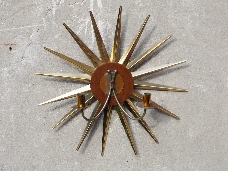 I Like Mike's Mid-Century Modern Accessories Brass Teak Starburst Wall Candle Sconce