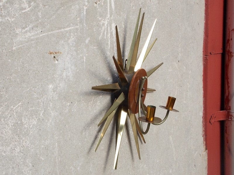 I Like Mike's Mid-Century Modern Accessories Brass Teak Starburst Wall Candle Sconce