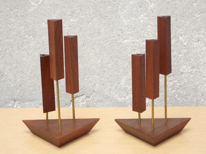 I Like Mike's Mid-Century Modern Accessories Danish Walnut Triangle 3-Candle Candle Stick Holders