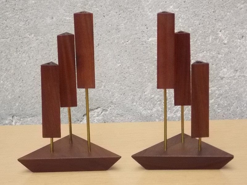 I Like Mike's Mid-Century Modern Accessories Danish Walnut Triangle 3-Candle Candle Stick Holders