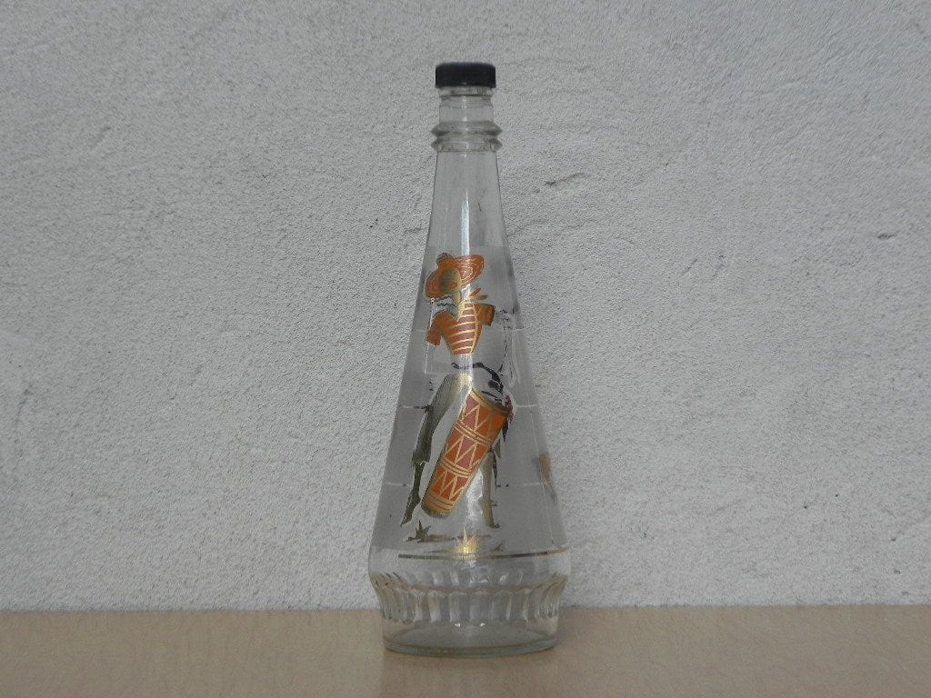 I Like Mike's Mid Century Modern Accessories Glass 1950's Genie Bottle with Lid, Gold and Orange Graphics