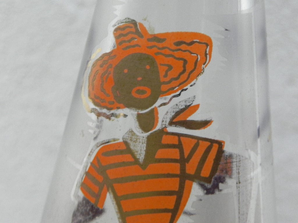 I Like Mike's Mid Century Modern Accessories Glass 1950's Genie Bottle with Lid, Gold and Orange Graphics