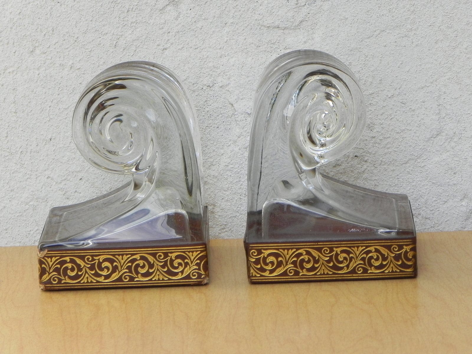 I Like Mike's Mid-Century Modern Accessories Glass Scroll Bookends With Good Embossed Leather Trim