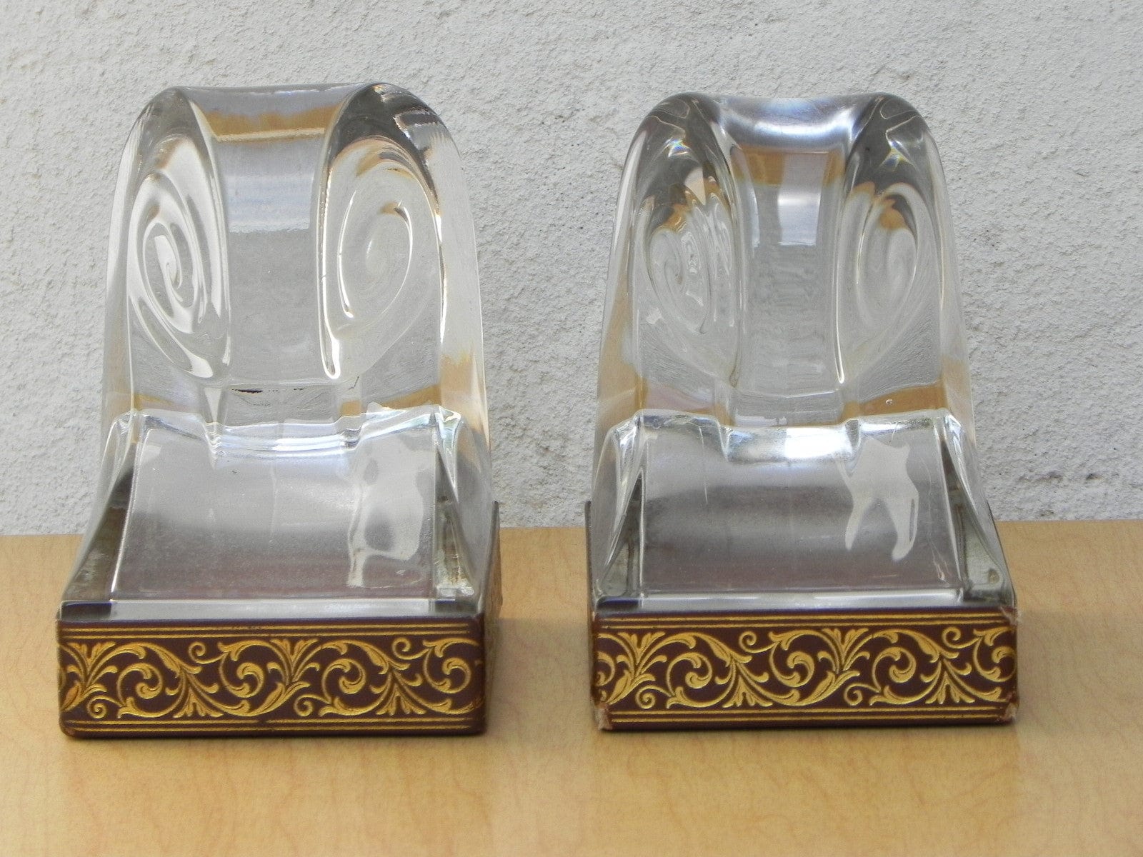 I Like Mike's Mid-Century Modern Accessories Glass Scroll Bookends With Good Embossed Leather Trim