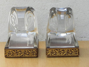 I Like Mike's Mid-Century Modern Accessories Glass Scroll Bookends With Good Embossed Leather Trim